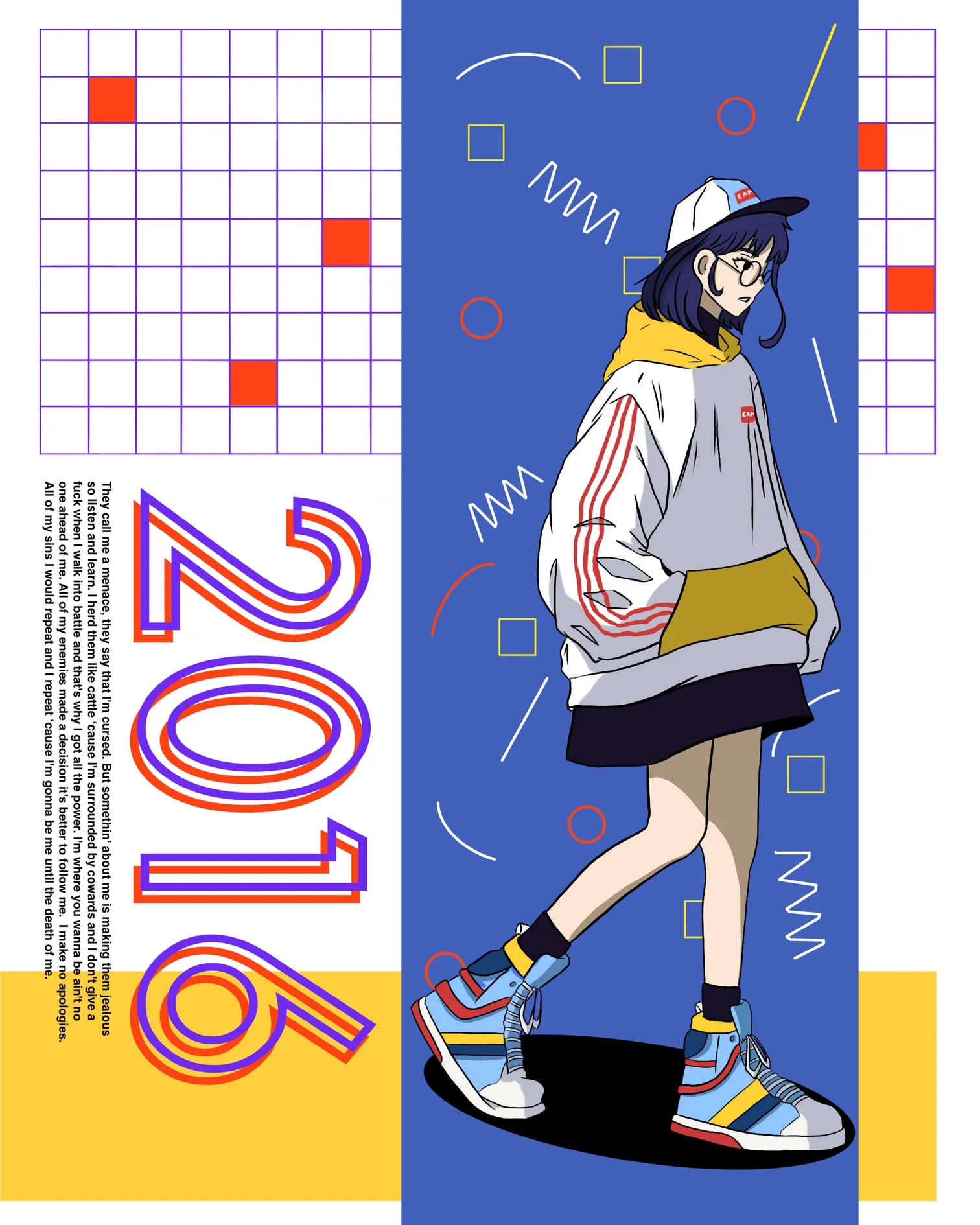 Fille en casquette et sweat blanc et jaune, chiffres 2016 orange et violet contourés sur une grille