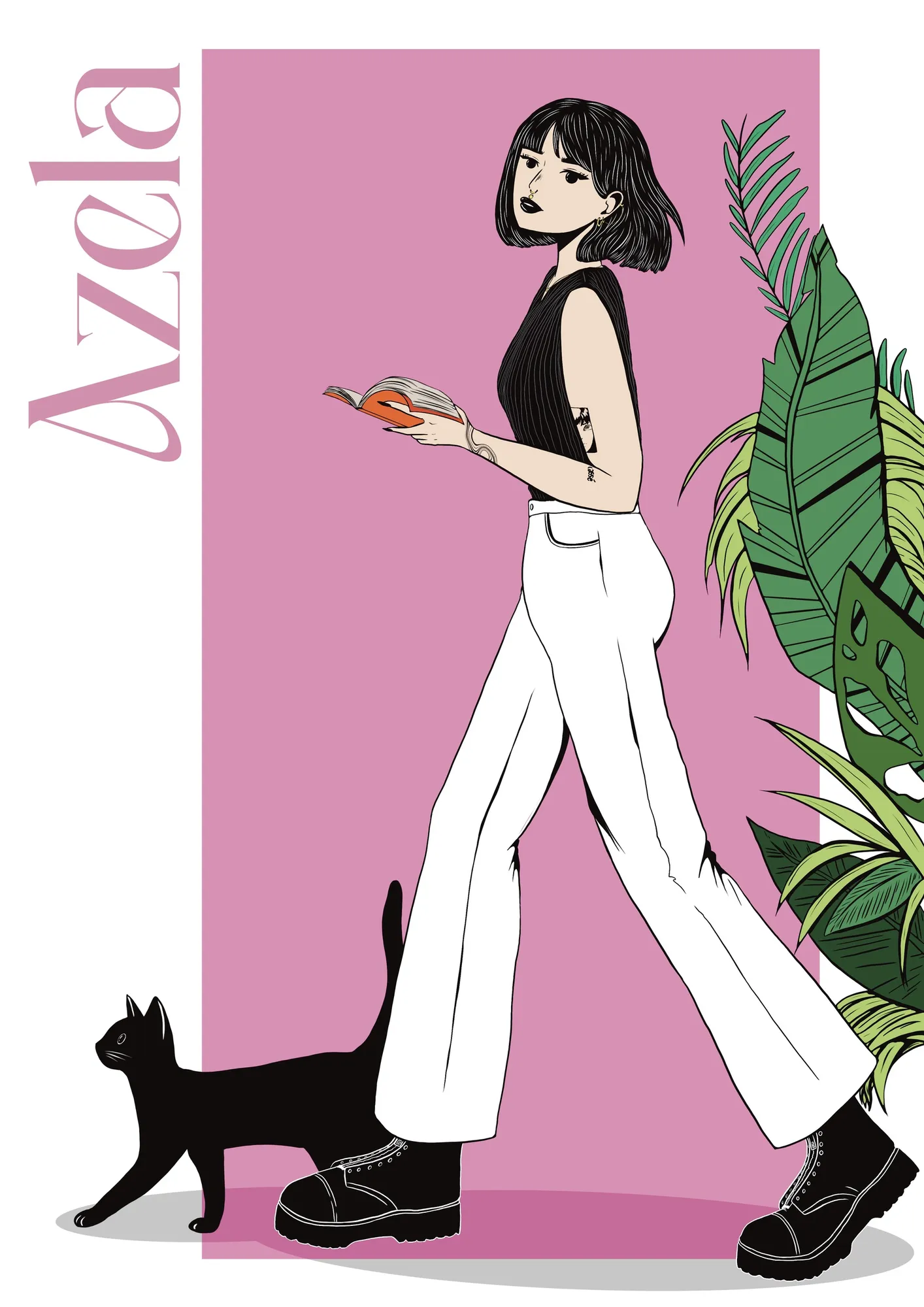 Femme brune en pantalon blanc évasé marchant avec un livre, chat noir, panneau rose et feuilles tropicales