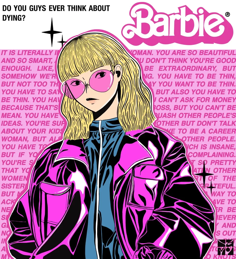Fille blonde aux lunettes roses en cœur et veste en vinyle rose brillant, affiche Barbie sur fond rose