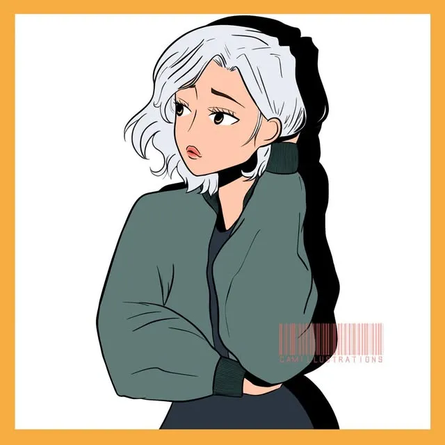Fille aux cheveux blancs en blouson bomber vert-gris, cadre orange