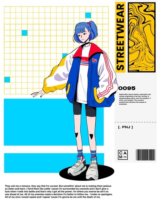 Fille aux cheveux bleus en veste de survêtement oversize bleue, jaune et rouge, grille jaune et étiquette Streetwear