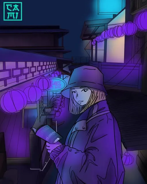 Fille blonde en bob lisant un livre dans une rue japonaise nocturne violet néon avec des lanternes